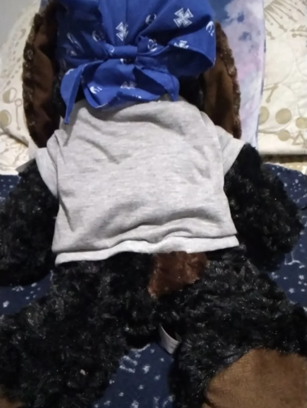 Bret Michaels Plush Black & Brown Dog with Blue Bandana and Gray Shirt